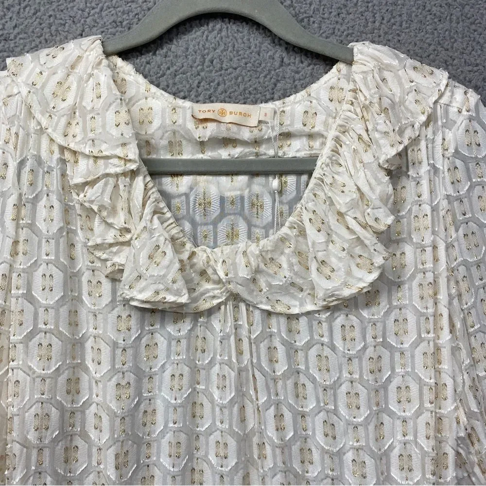 NEW Tory Burch Jasmine Metallic Ruffle Dress Silk Blend Ivory Tassel Tie Waist